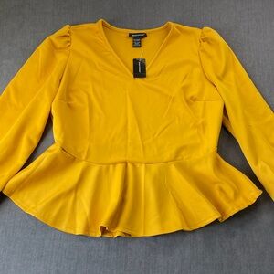 Ashley Stewart‎ Peplum Blouse Womens 18/20 1XL Yellow Long Sleeve V Neck Career
